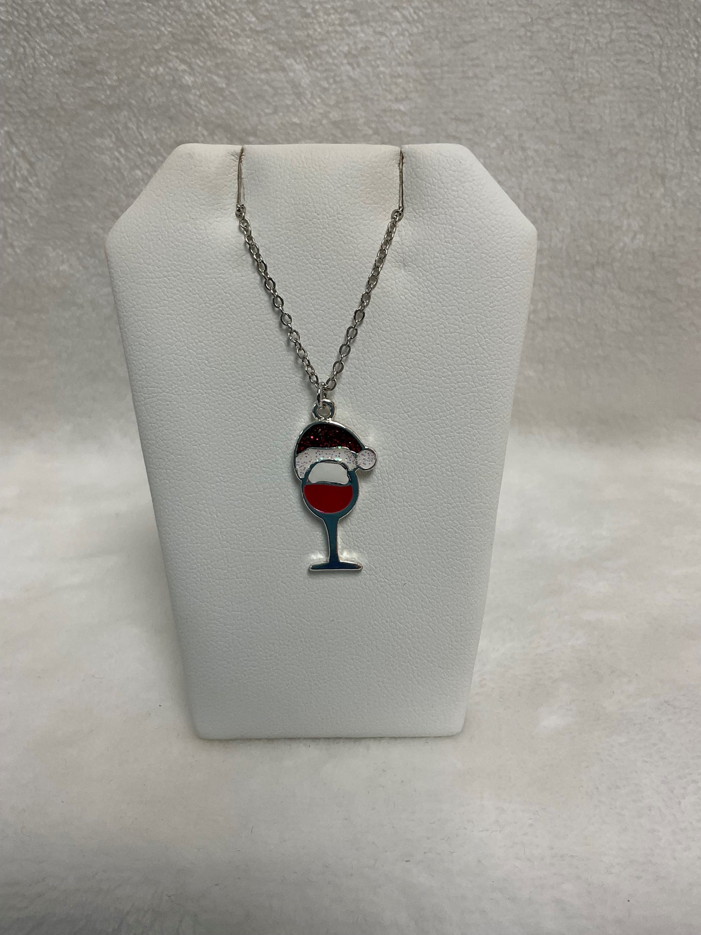 N3521 -Silver Wine Glass with Santa Hat Necklace